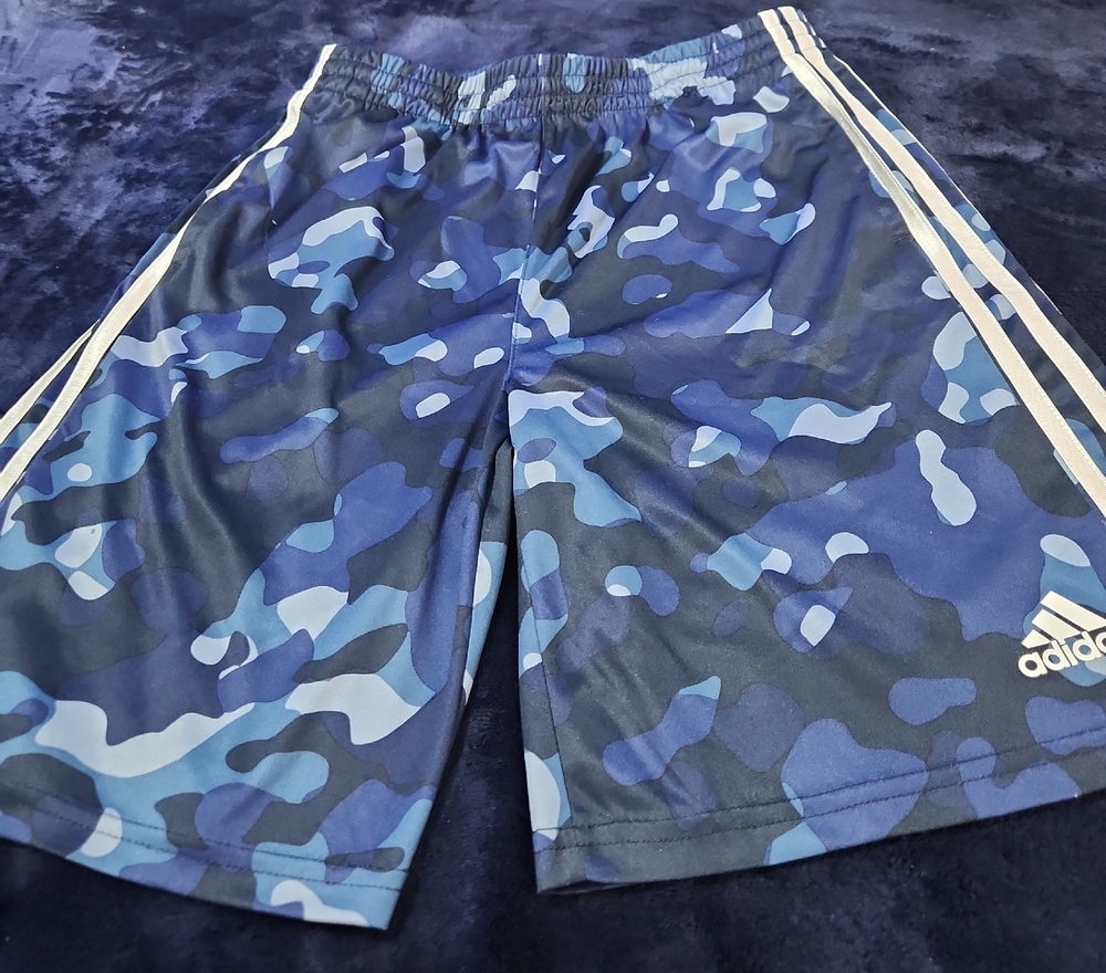 adidas Youth Blue Camo Training Shorts with White Three-Stripes